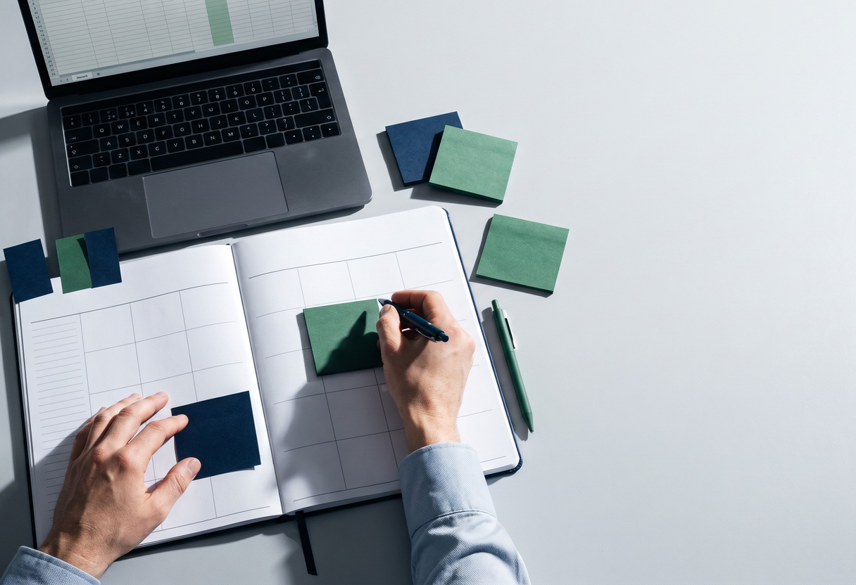 Mesa de trabajo con una agenda anual abierta y notas adhesivas para organizar la formación del año